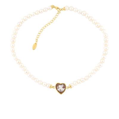 Collier de Perles et Camée en Coeur Marron avec Cupidon, 32 cm à 38 cm - Emanessence