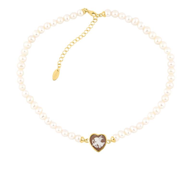 Brown Heart Cameo & Pearl Necklace with Cupid, Length 32 cm to 38 cm - Emanessence