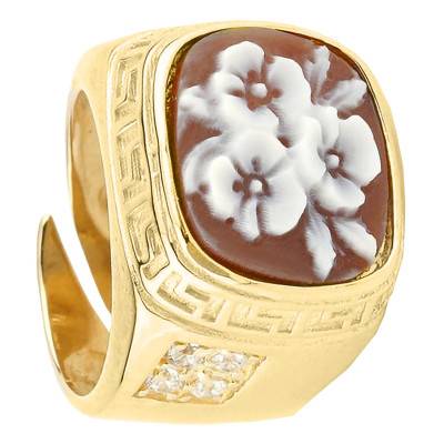 Brown Gold-Tone Floral Cameo Stone Ring - Emanessence