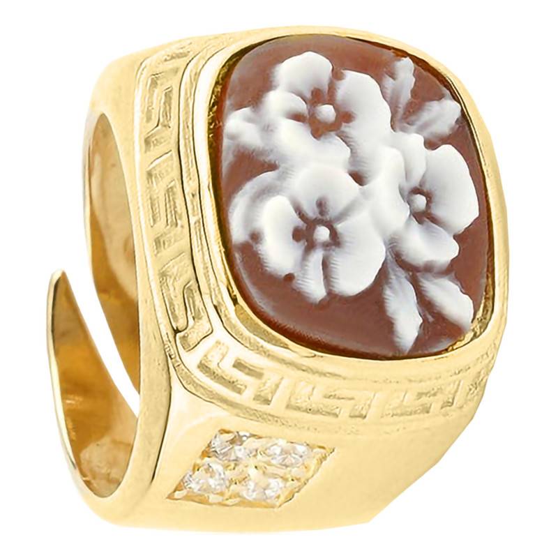 Brown Gold-Tone Floral Cameo Stone Ring - Emanessence