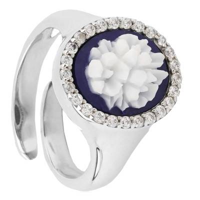 Bague Camée Ovale Fleurie et Halo de Pierres, Agate Bleue & Argent - Emanessence