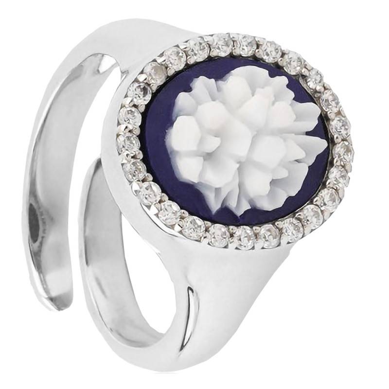 Oval Floral Cameo 925 Silver Ring With Stone Halo & Blue Agate - Emanessence