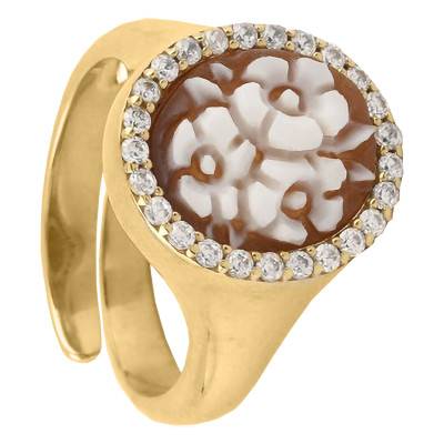 Brown Gold-Tone Floral Cameo Ring with Stone Halo - Emanessence