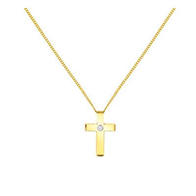 375/1000 Yellow Gold & Diamond Cross Necklace, 43 cm Length - Emanessence