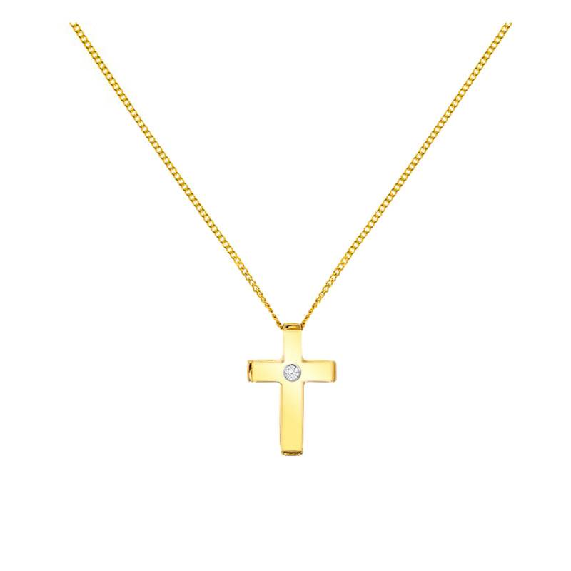 375/1000 Yellow Gold & Diamond Cross Necklace, 43 cm Length - Emanessence