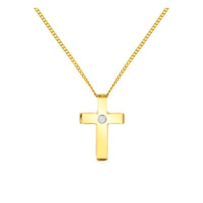 375/1000 Yellow Gold & Diamond Cross Necklace, 43 cm Length - Emanessence