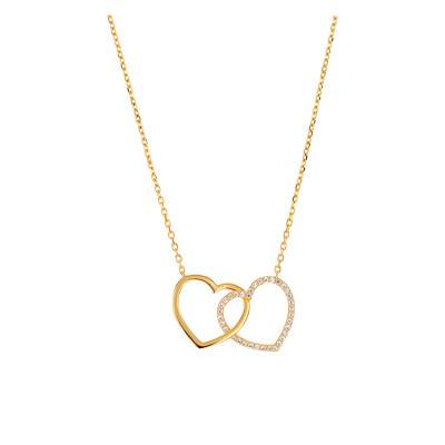 Yellow Gold-Plated Double Hearts & Cubic Zirconia Necklace, Length 42 cm - Emanessence