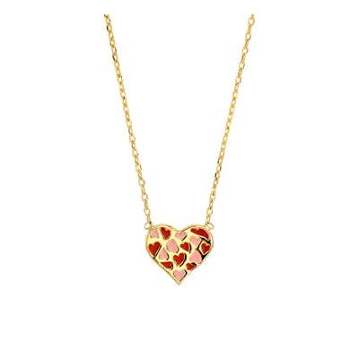 Yellow Gold-Plated & Pink and Red Enamel Heart Necklace, 42 cm - Emanessence