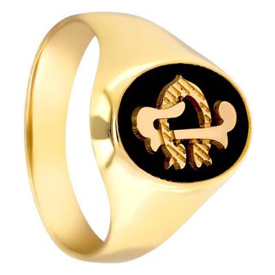 750/1000 Yellow Gold & Onyx Oval Signet Ring with Initials, 11 x 14 mm - Emanessence