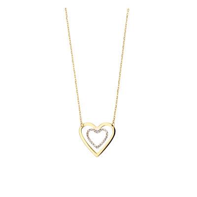 Yellow & White 375/1000 Gold Double Hearts Necklace, Length 42 cm - Emanessence