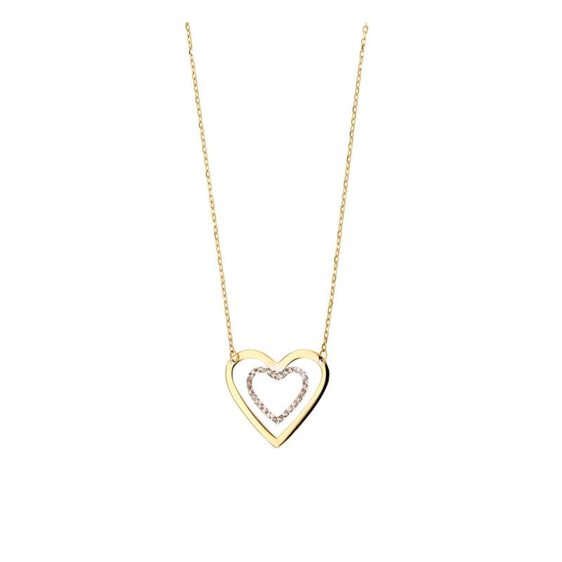 Yellow & White 375/1000 Gold Double Hearts Necklace, Length 42 cm - Emanessence