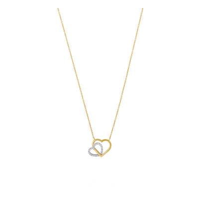 Two-Tone 375/1000 Gold & Zirconium Oxide Double Heart Necklace, Length 43 cm to 46 cm - Emanessence