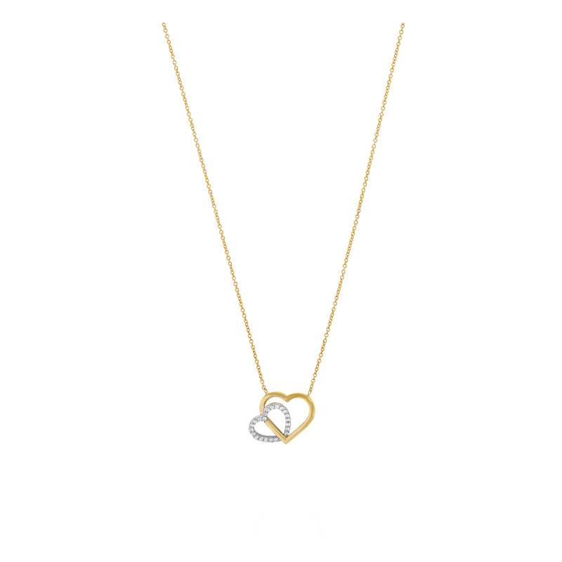 Two-Tone 375/1000 Gold & Zirconium Oxide Double Heart Necklace, Length 43 cm to 46 cm - Emanessence