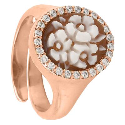 Bague Camée Fleurie et Halo de Pierres, Marron & Doré Rose - Emanessence