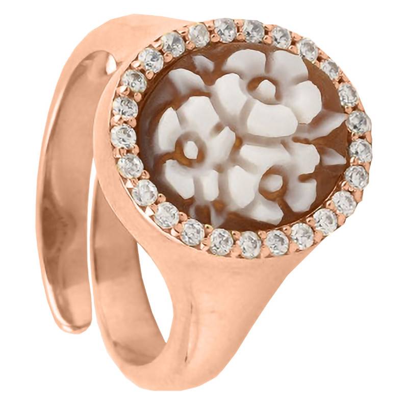 Brown & Rose Gold Floral Cameo Ring with Stone Halo - Emanessence