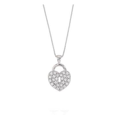 Collier Coeur Cadenas en Or Blanc 375 et Oxyde de Zirconium, Longueur 42 cm - Emanessence