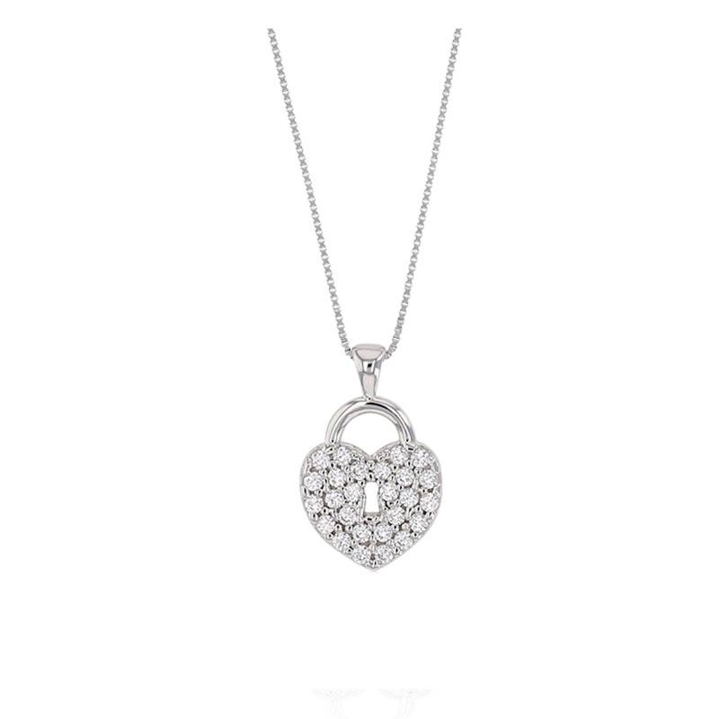 375/1000 White Gold & Cubic Zirconia Heart Padlock Necklace, Length 42 cm - Emanessence