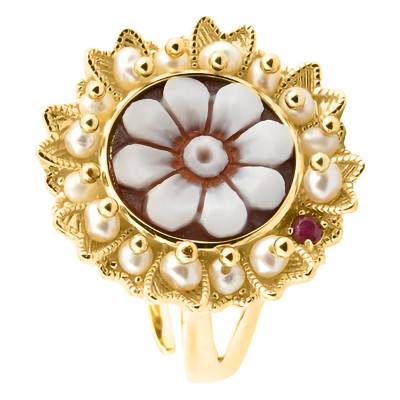 Bague Camée Fleur Anastasia Dorée & Perles Blanches - Emanessence