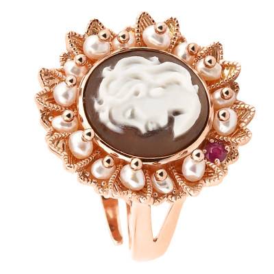 Bague Camée Visage de Profil Anastasia Rose & Perles Blanches - Emanessence