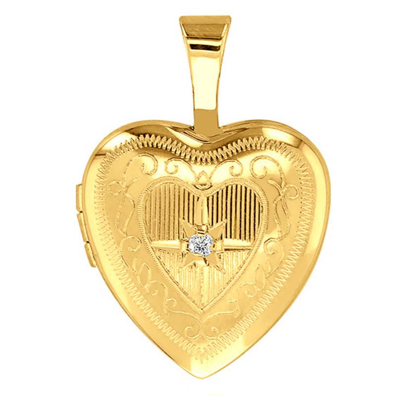 375/1000 Yellow Gold & Diamond Heart Photo Locket Pendant - Emanessence