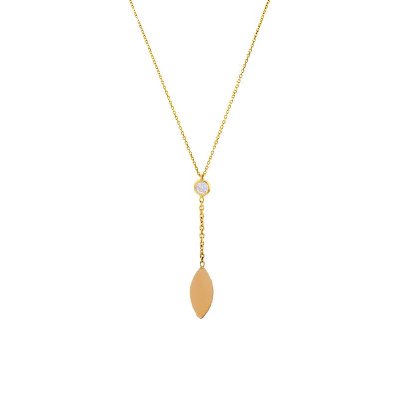 375 Yellow Gold Leaf Necklace & Cubic Zirconia Stone, Adjustable Length 41 cm - Emanessence