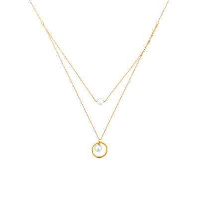 375/1000 Yellow Gold Double Chain & Cultured Pearl Necklace, Length 40 cm to 48 cm - Emanessence