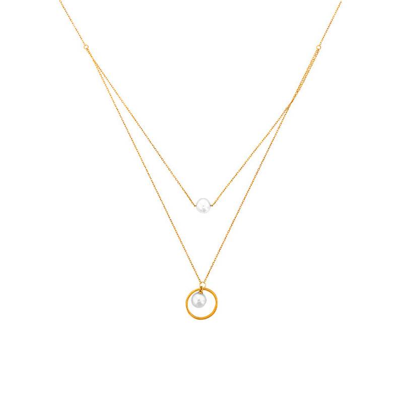 375/1000 Yellow Gold Double Chain & Cultured Pearl Necklace, Length 40 cm to 48 cm - Emanessence
