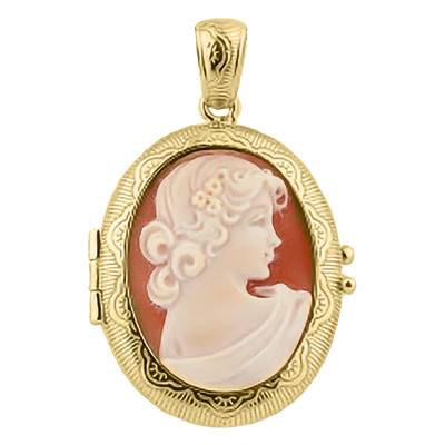 Pendentif Camée Porte Photo & Visage Femme de Profil, Doré et Orange - Emanessence