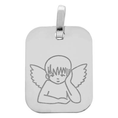 Médaille Rectangulaire Ange Pensif en Or Blanc 375 ou 750 - Lucas Lucor