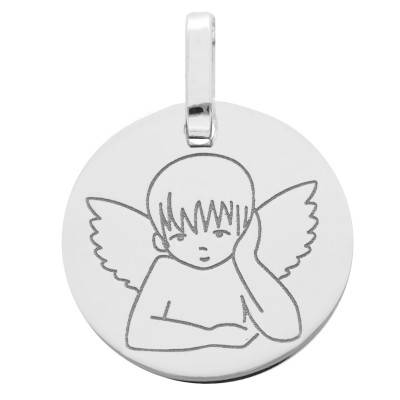 Médaille Ronde Ange aux Ailes Déployées en Or Blanc 375 ou 750, Diamètre 15 mm - Lucas Lucor