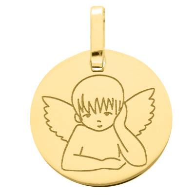 Médaille Ronde Ange aux Ailes Déployées en Or Jaune 375 ou 750, Diamètre 15 mm - Lucas Lucor