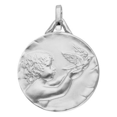 Médaille Ange à la Colombe en Or Blanc 375 ou 750, Diamètre 18 mm - Lucas Lucor