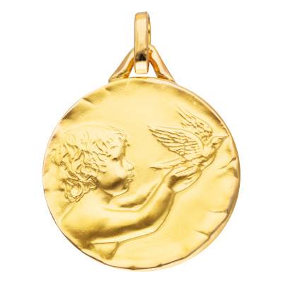 375 or 750 Yellow Gold Angel and Dove Medal, 18 mm Diameter - Lucas Lucor