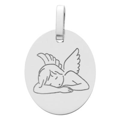 Médaille Ange Assoupi Ovale en Or Blanc 375 ou 750 - Lucas Lucor
