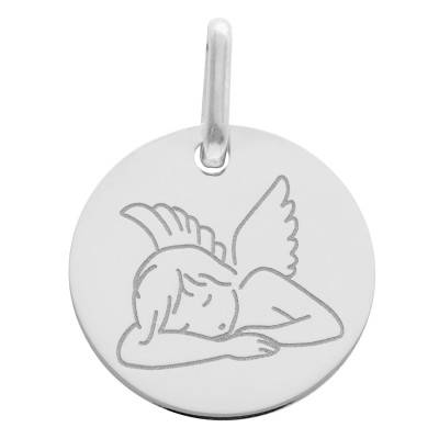 Médaille Ange Assoupi Ronde en Or Blanc 375 ou 750, Diamètre 15 mm - Lucas Lucor