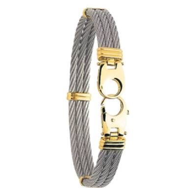 Steel and 750/1000 Yellow Gold Bangle Bracelet with Handcuff Clasp, Length 21 cm - Emanessence