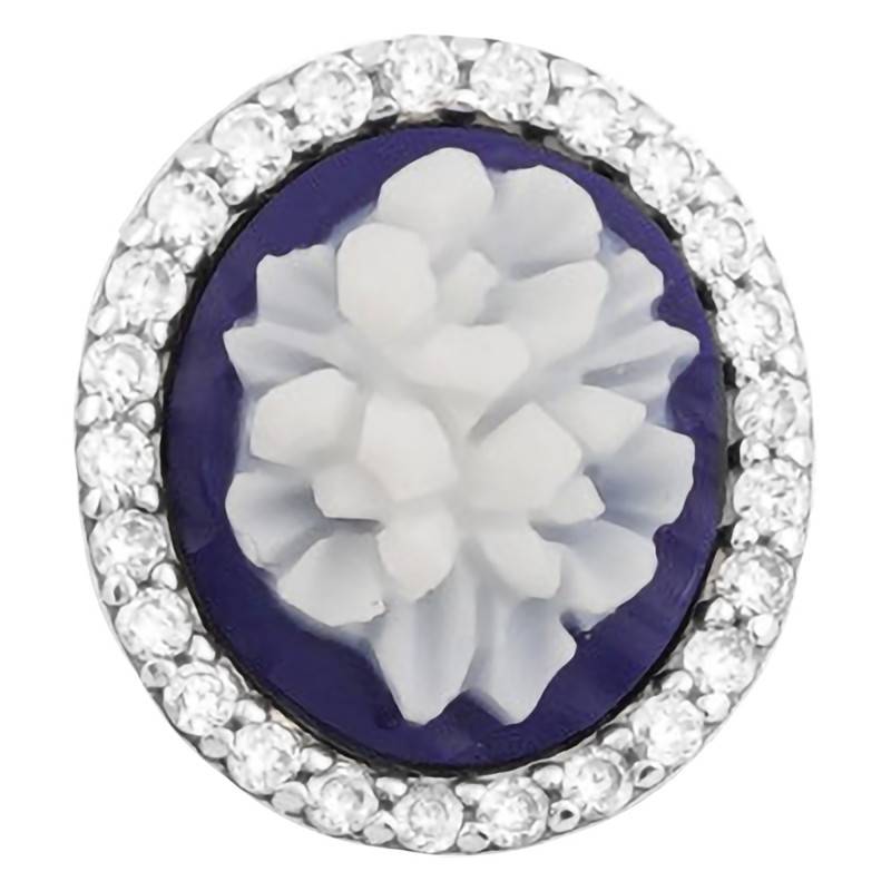 Blue Floral Oval 925 Silver Cameo Pendant with Stone Halo & Agate - Emanessence