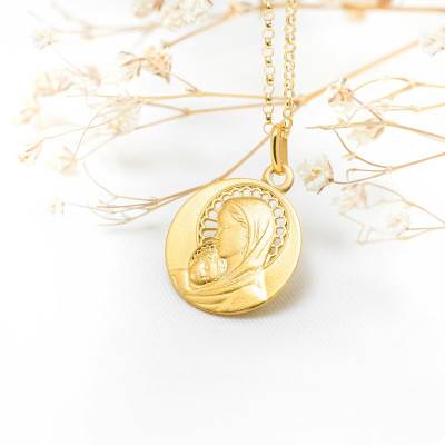 Médaille Ronde Vierge à l'Enfant Ajourée en Or Jaune 750, Diamètre 16 ou 18 mm - Argyor