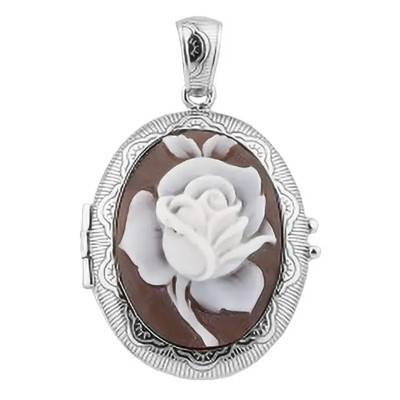 Pendentif Camée Porte Photo & Fleurs, Argent et Marron - Emanessence