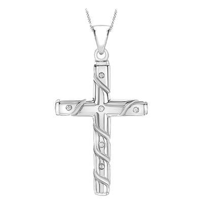 Pendentif croix striée Or Blanc 375 et diamants 0.05 carat - Emanessence