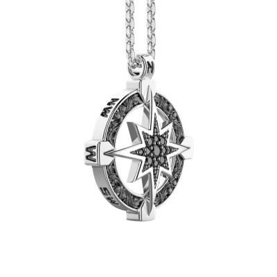 925 Silver & Black Spinel Gotik Compass Rose Necklace 50 cm - EXC535 - Zancan