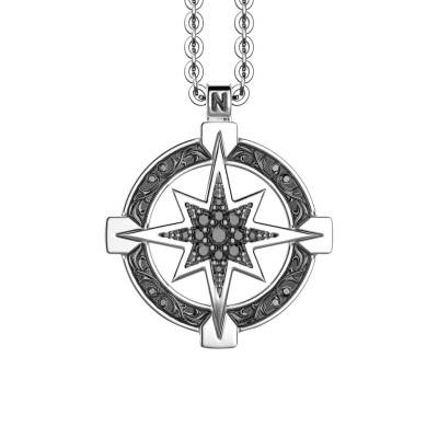 925 Silver & Black Spinel Gotik Compass Rose Necklace 50 cm - EXC535 - Zancan