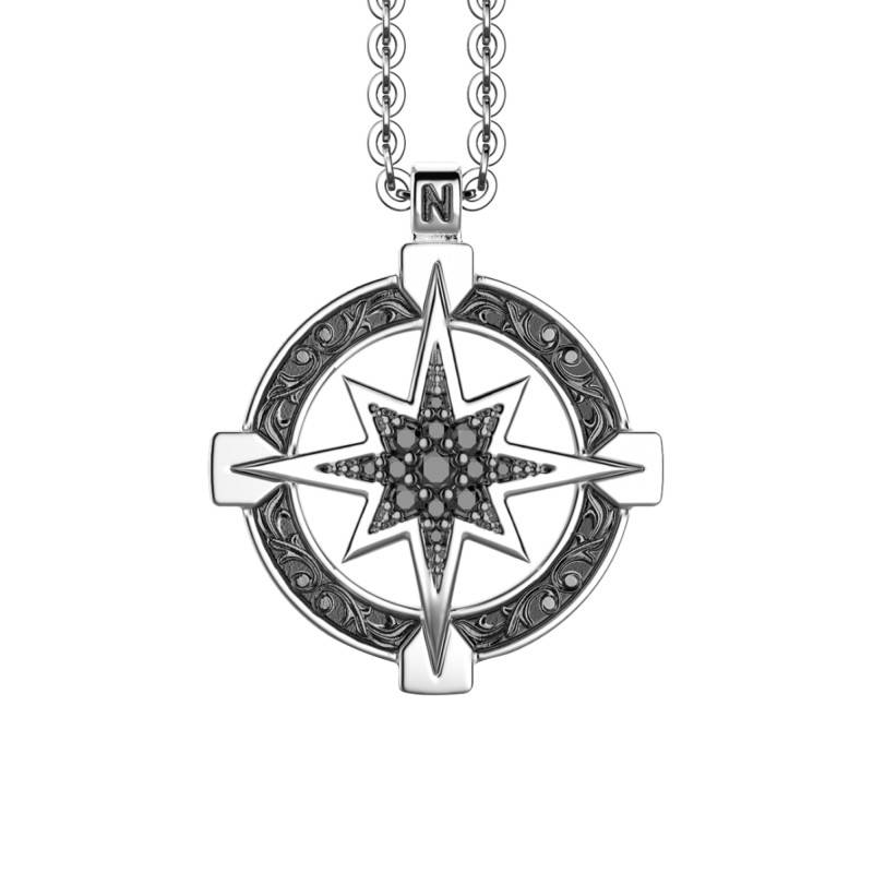 925 Silver & Black Spinel Gotik Compass Rose Necklace 50 cm - EXC535 - Zancan