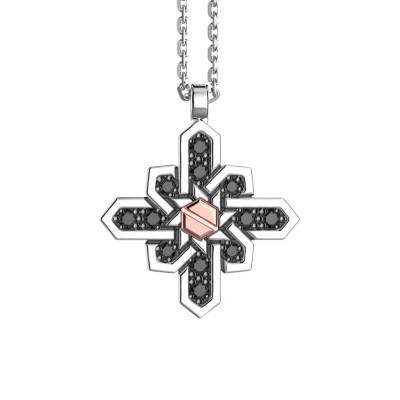 925 Silver & Black Spinels Insignia Compass Rose Necklace With 750 Rose Gold Screw - EXC549 - Zancan