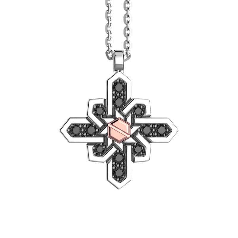 925 Silver & Black Spinels Insignia Compass Rose Necklace With 750 Rose Gold Screw - EXC549 - Zancan