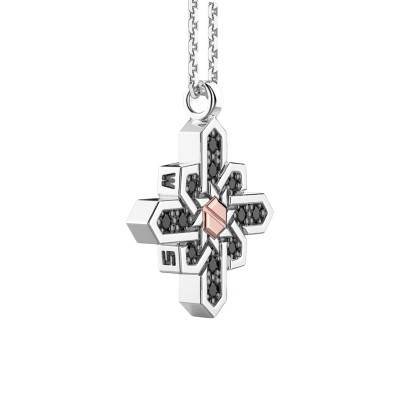 925 Silver & Black Spinels Insignia Compass Rose Necklace With 750 Rose Gold Screw - EXC549 - Zancan