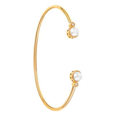 750/1000 Yellow Gold Open Bangle with Diamonds & Cultured Pearl, Width 1.85 mm - Emanessence