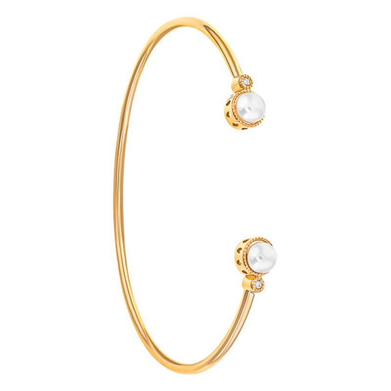 750/1000 Yellow Gold Open Bangle with Diamonds & Cultured Pearl, Width 1.85 mm - Emanessence