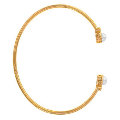 750/1000 Yellow Gold Open Bangle with Diamonds & Cultured Pearl, Width 1.85 mm - Emanessence