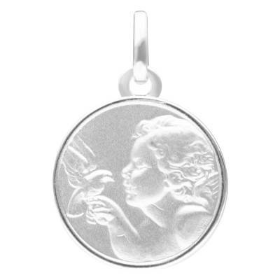 Médaille Ange Raphaël & Colombe, Or Blanc 375, Diamètre 16 mm - Emanessence